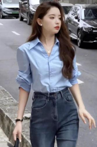 Blue shirt for women  new early autumn French style shirt small long-sleeved top design niche