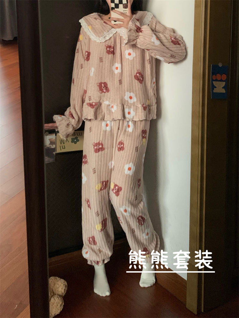 實拍可愛熊熊加絨加厚家居服娃娃領蕾絲拼接寬鬆珊瑚絨睡衣