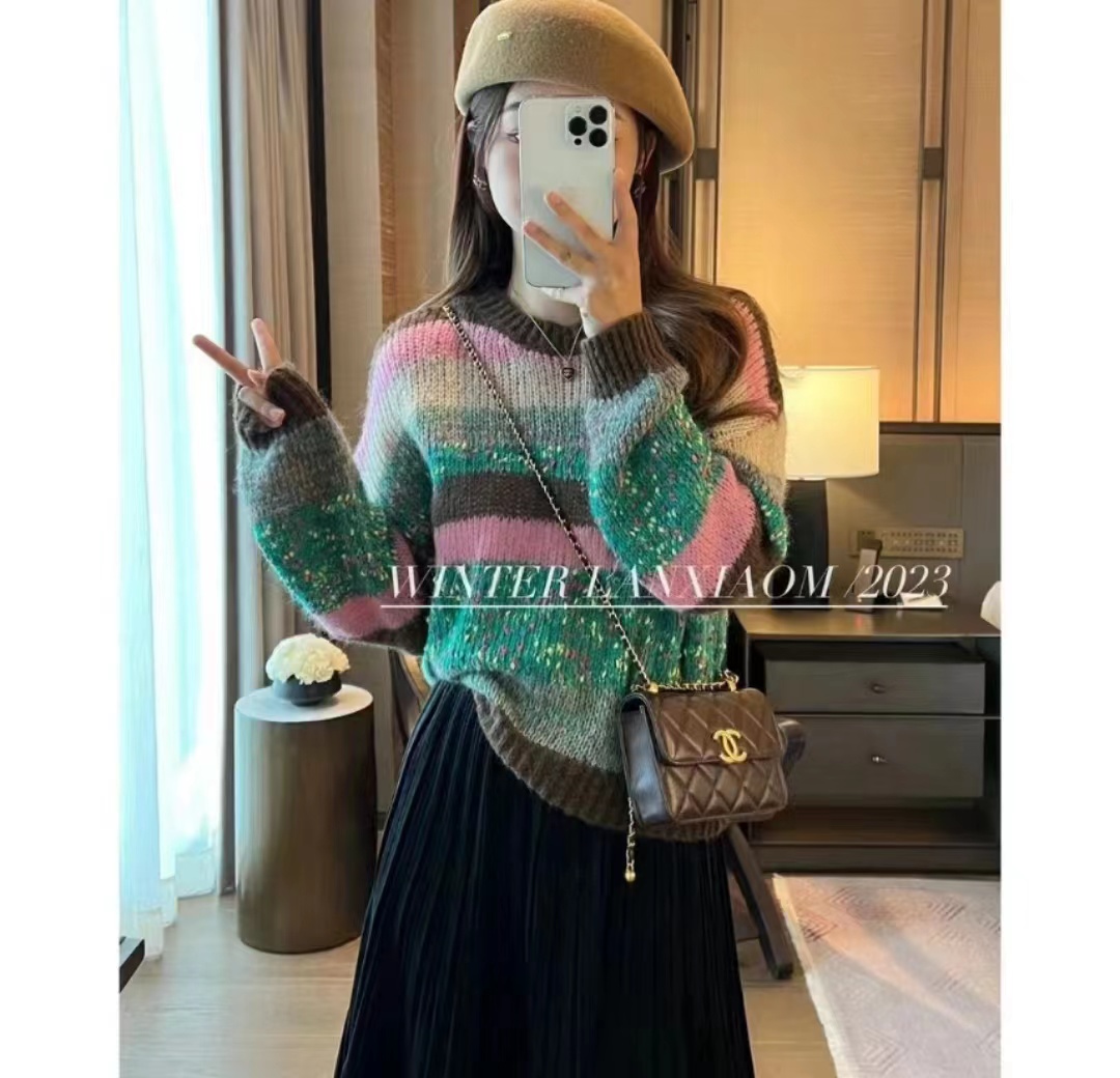 Lazy Xiaomao 2023 new fashion trendy colorful striped pullover women's long-sleeved knitted sweater