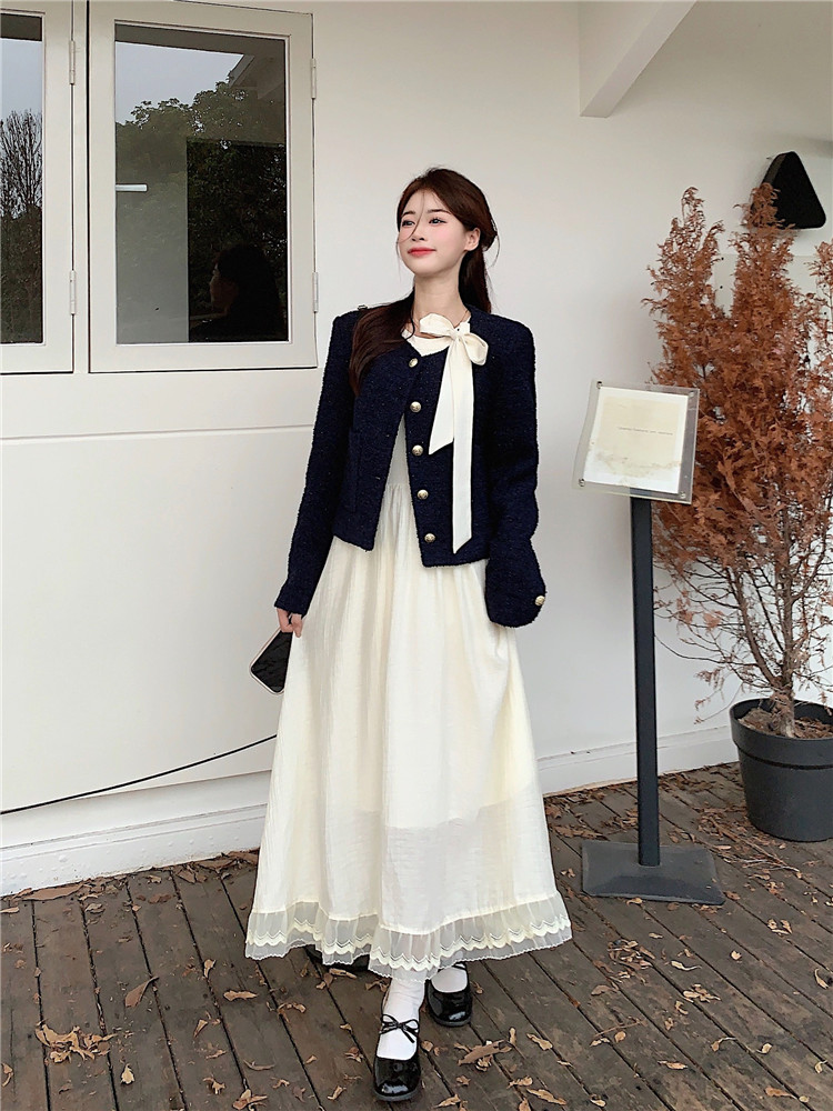 Real shot ~ French tea break lace-up waist slimming bow collar dress + small fragrant style short jacket for women
