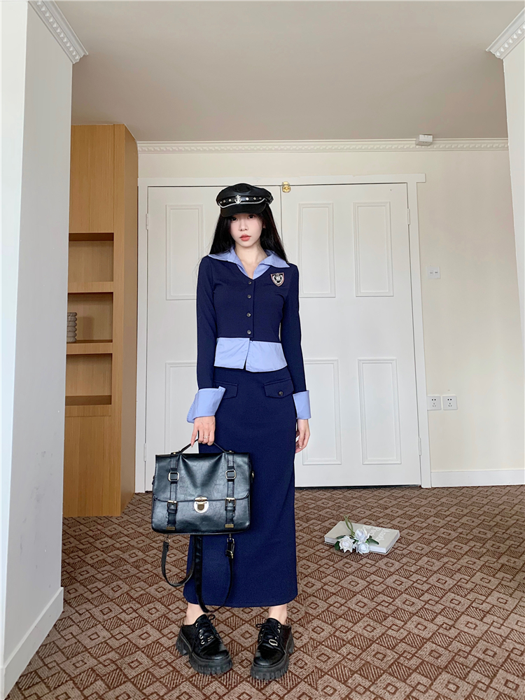 實拍~假兩件襯衫學院風套裝女miu系創達拼接針織上衣包臀長裙