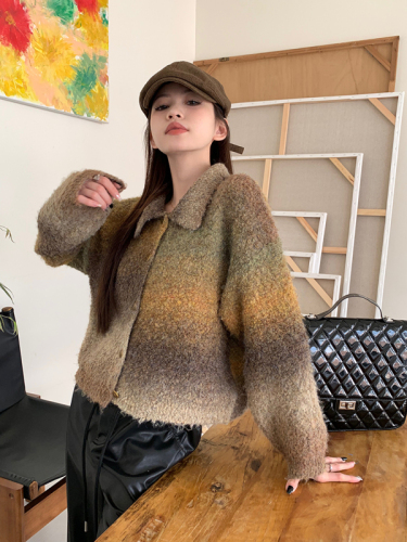 Actual shot of new gradient color lapel sweater cardigan jacket