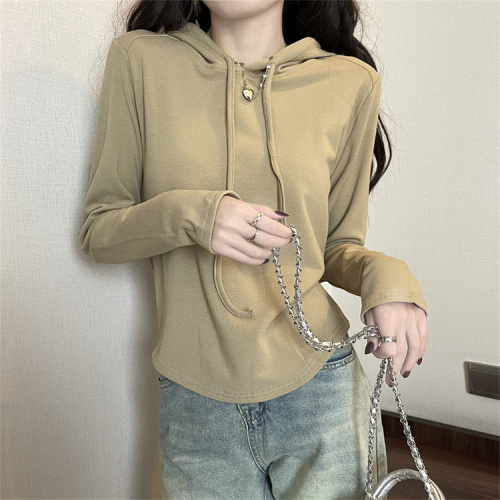 Real shot of American casual hooded sweatshirt for women in autumn and winter with curved design plus velvet and thickened long-sleeved T-shirt for women