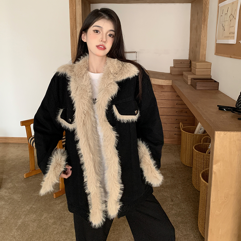 實拍！夾棉加厚黑色牛仔外套女冬季復古寬鬆拼接棉衣保暖棉服