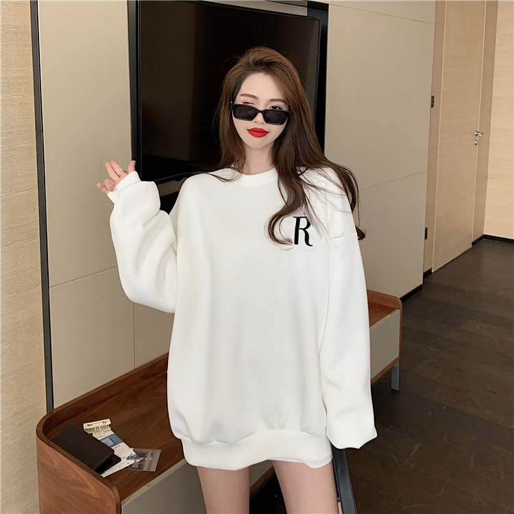 New white mid-length round neck hooded street sweatshirt new women's Korean style loose top with letters