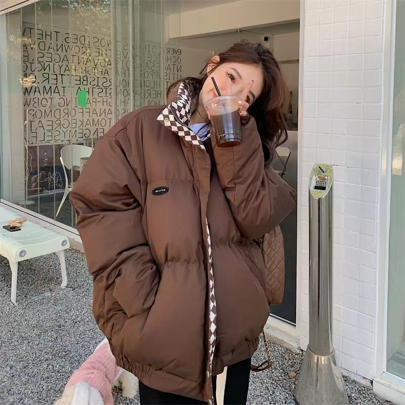 Checkerboard thickened bread coat women's winter mid-length cotton coat ins