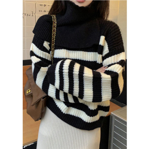 Korean style striped pullover scarf sweater two-piece set for women autumn and winter niche design top loose lazy sweater