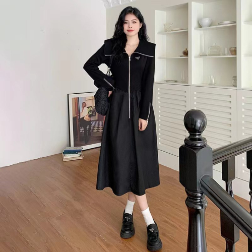 Large size lapel design long-sleeved Hepburn style dress autumn and winter women's fat mm slimming high-waisted A-line long skirt