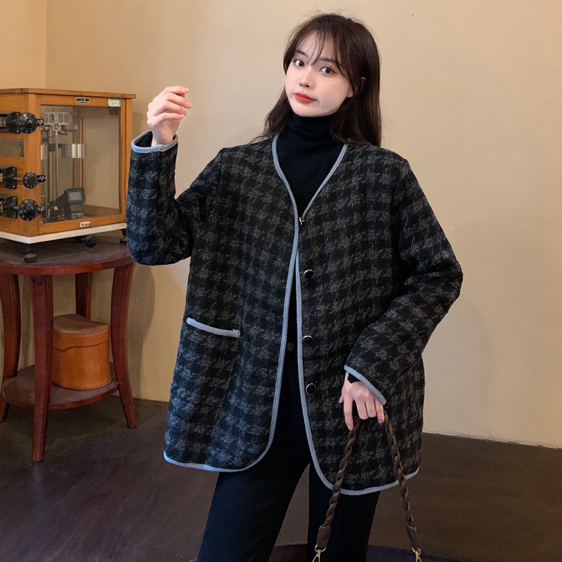 實拍秋冬裝大碼洋氣小香風毛呢格子外套胖MM減齡上衣M-4XL200斤
