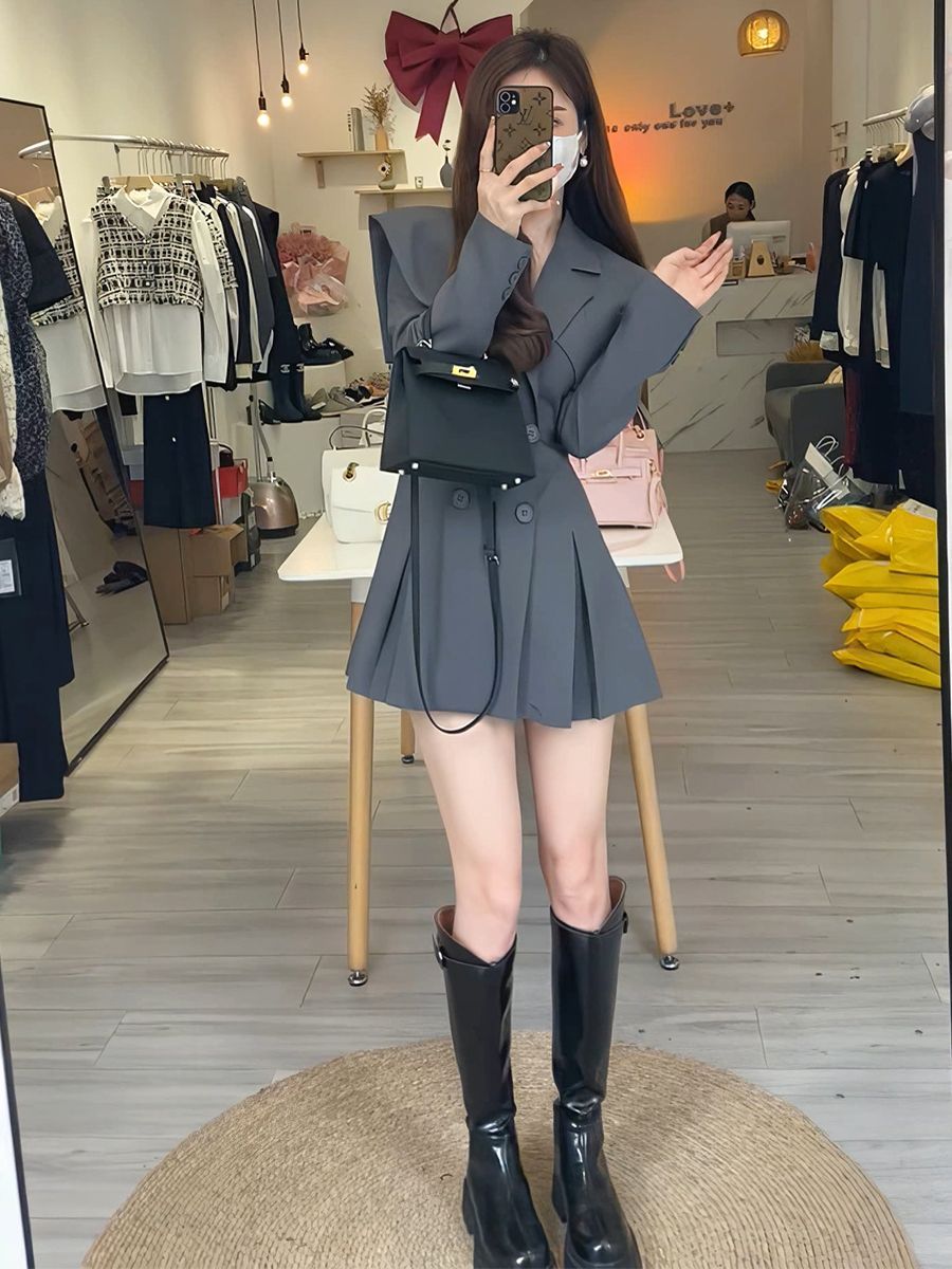 拼接領披肩可拆卸收腰西裝裙女春秋設計感顯瘦小個子高級感連衣裙