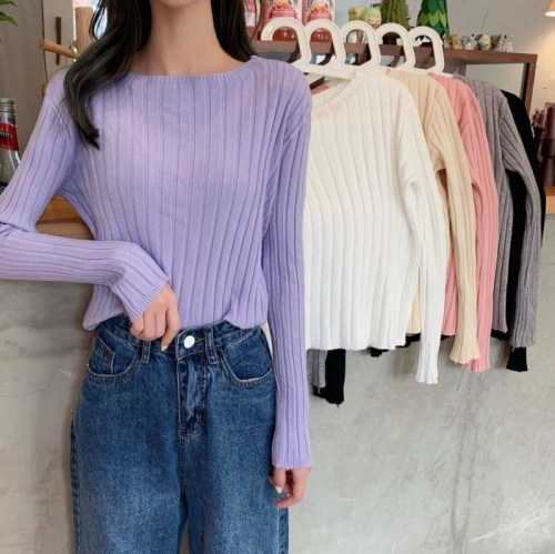 Korean style popular temperament bottoming sweater for women  autumn and winter round neck pullover versatile long-sleeved pit strip sweater apricot color