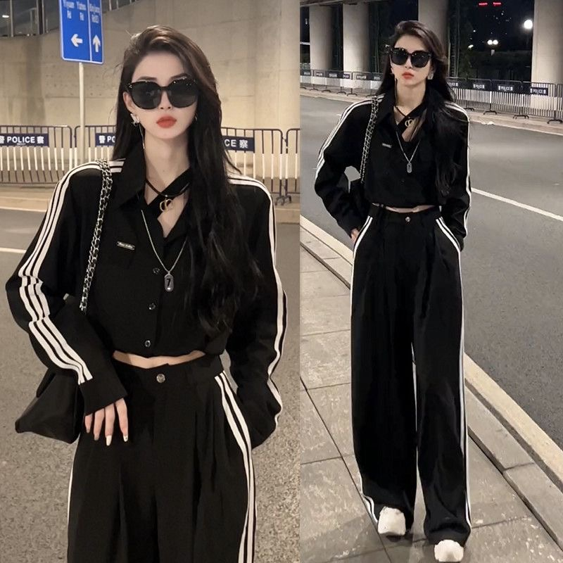 Autumn new three-stripe design shirt high-waisted wide-leg pants Korean style versatile loose slimming top suit for women