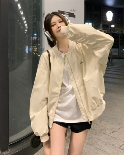 Real shot  spring and autumn fashionable letter embroidered baseball uniform loose stand-up collar short jacket versatile tops for women