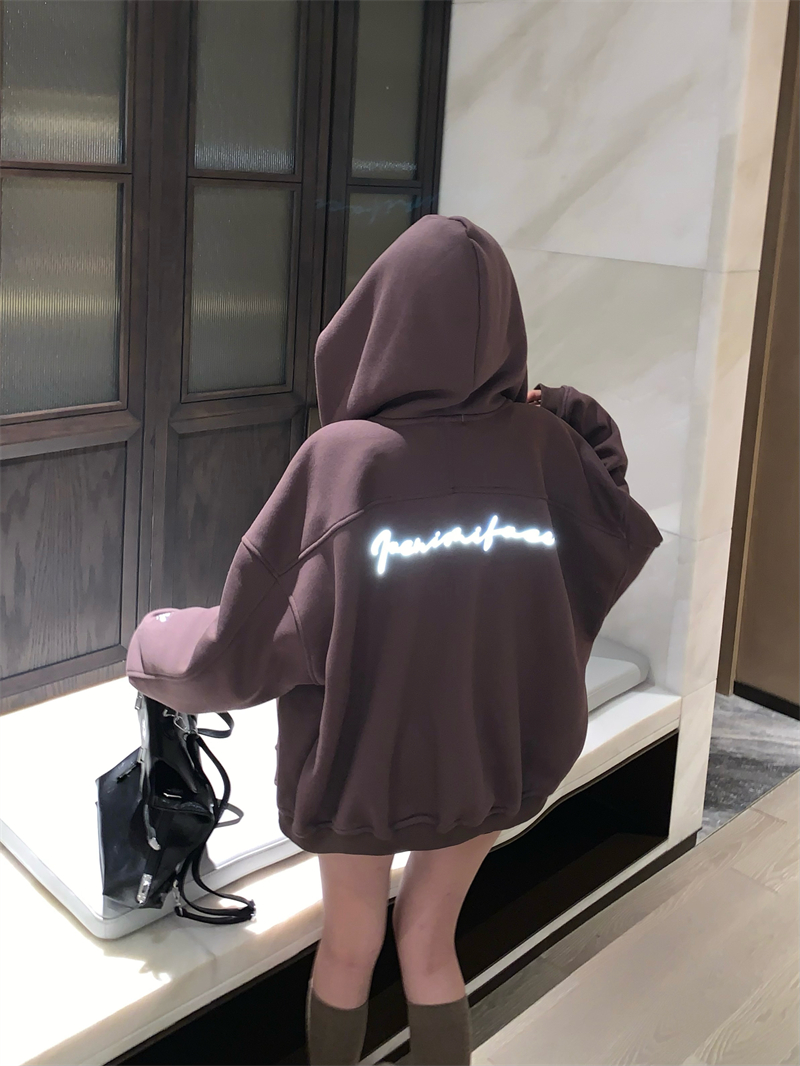 Real shot hooded reflective letter sweatshirt women's autumn and winter thickened casual versatile zipper jacket