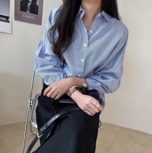 韩国chic 简约单排扣宽松条纹衬衫女