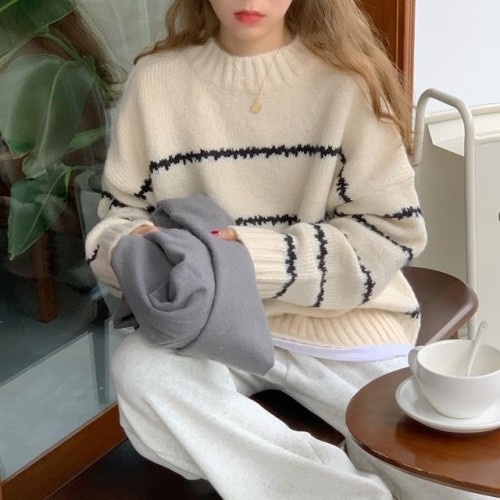 Retro Japanese style lazy loose sweater for women thickened autumn and winter new long-sleeved striped half turtleneck sweater