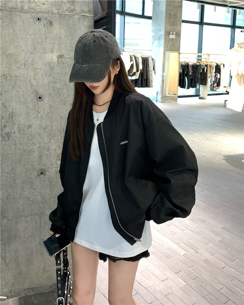 Real shot 2023 spring and autumn fashionable letter embroidered baseball uniform loose stand-up collar short jacket versatile tops for women