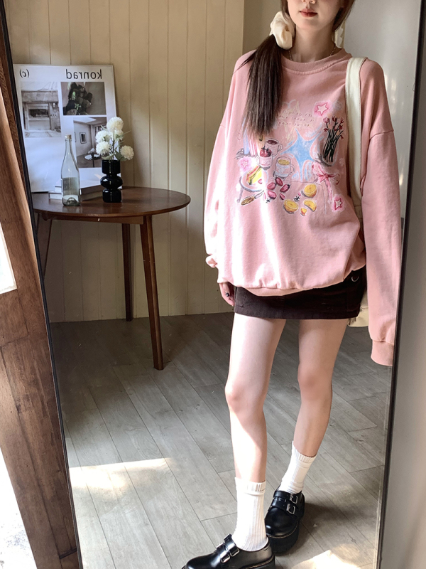 hollyii Korean style lazy style loose and versatile printed casual round neck retro sweatshirt women's top 2023 new style