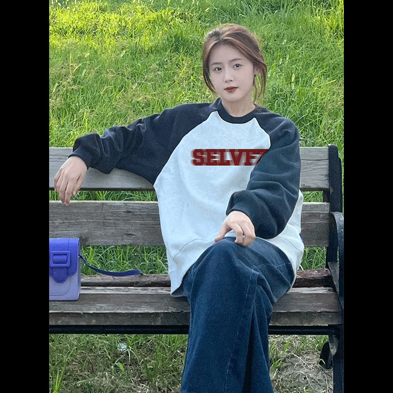 美式重磅正肩插肩袖無帽薄款長袖衛衣女款春秋加絨加厚圓領上衣服
