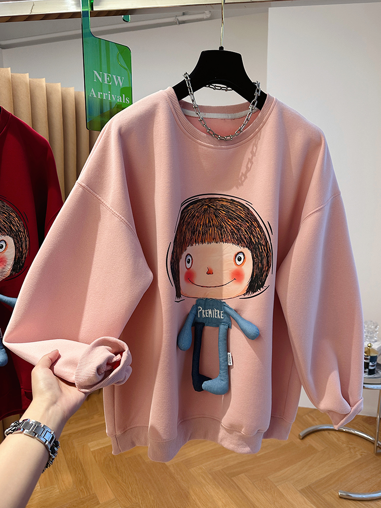 設計感小眾寬鬆休閒卡通女孩印花粉色圓領衛衣女秋套頭慵懶風上衣