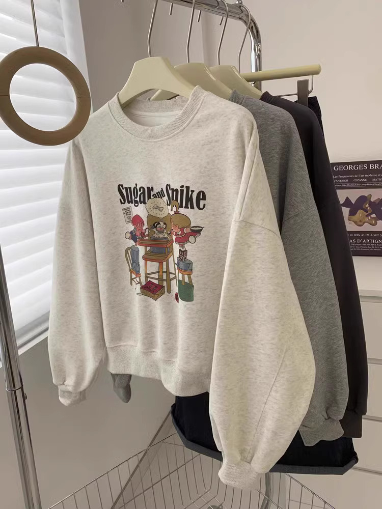 Fashionable retro American printed round neck sweatshirt for women 2023 early autumn composite loose Korean style versatile pullover top trendy