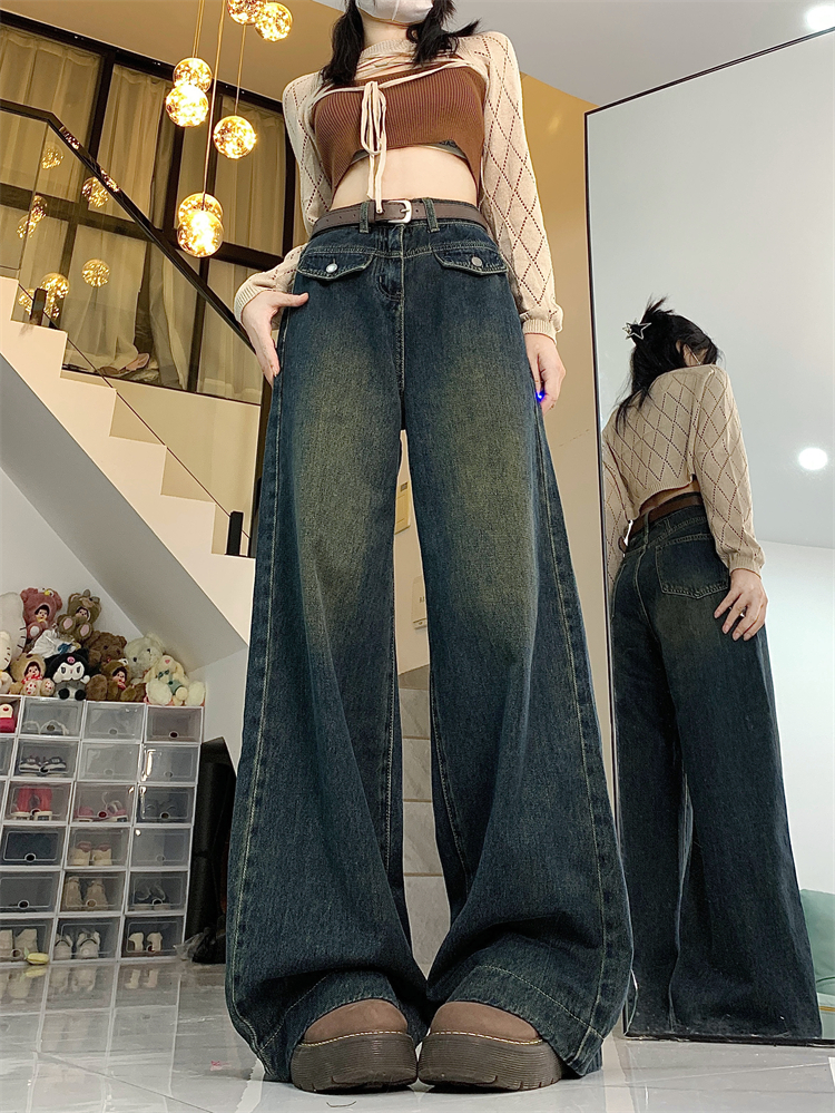 實拍 ~美式復古闊腿牛仔褲女高腰顯瘦垂感直筒拖地長褲