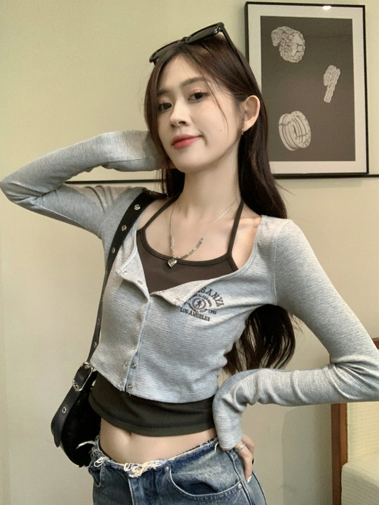 美式甜辣妹撞色假兩件掛脖長袖t恤女春秋修身內搭打底衫短款上衣