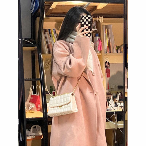 Pink woolen coat for women 2023 autumn and winter new woolen coat Hepburn style small Korean style thickened in winter