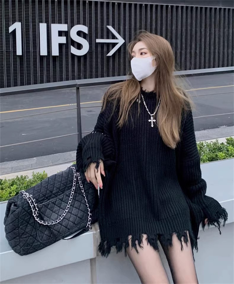 破洞流蘇加厚毛衣女2023秋冬新款寬鬆中長款針織衫設計感小眾上衣