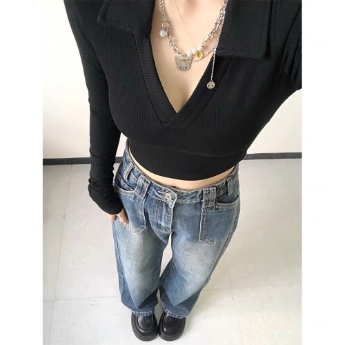Polo collar design bottoming shirt long-sleeved T-shirt women's autumn and winter tight short chic sweet v-neck top