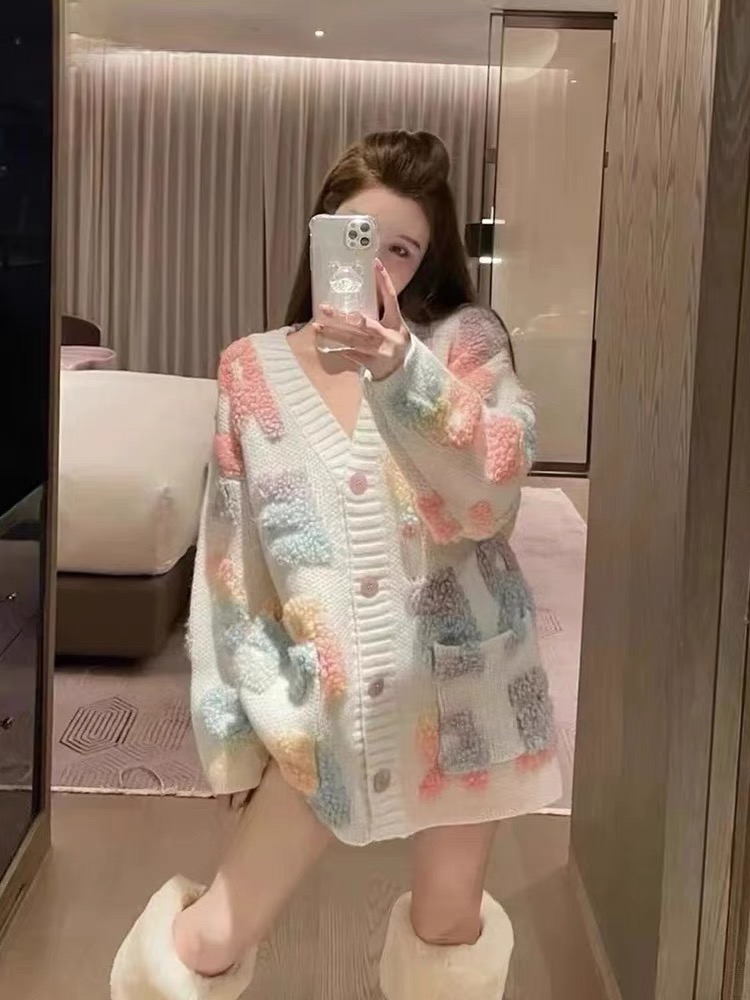 23FW gradient sfumato letter jacquard V-neck single-breasted knitted cardigan women’s top jacket