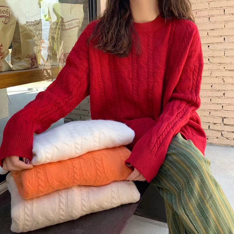 2023 Spring and Autumn New Korean Style Loose Round Neck Twist Long Sleeve Sweater for Women Versatile Solid Color Fashion Warm Top for Women