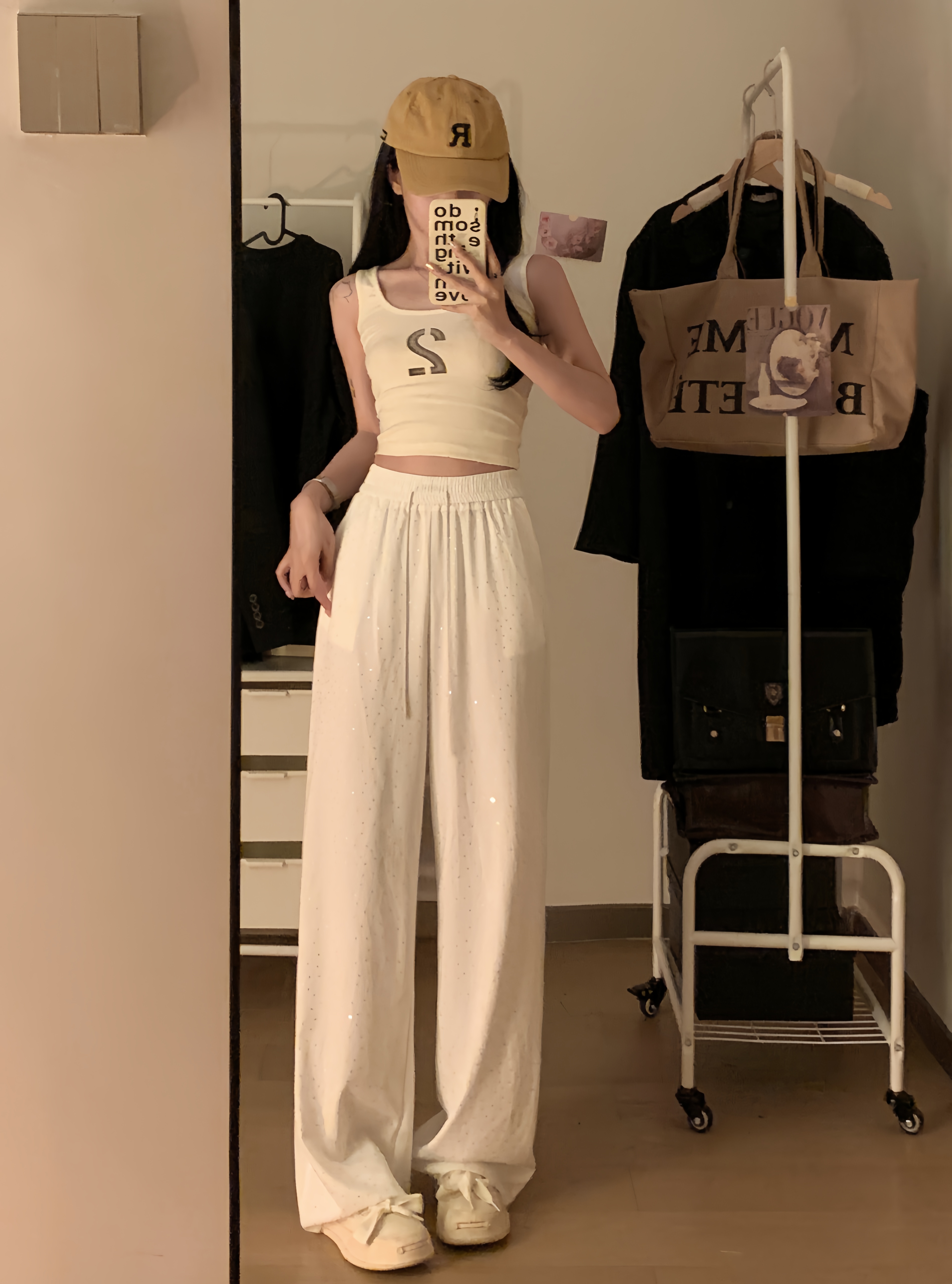 實拍~設計感重工燙鑽辣妹高腰闊腿褲女寬鬆垂感直筒休閒褲