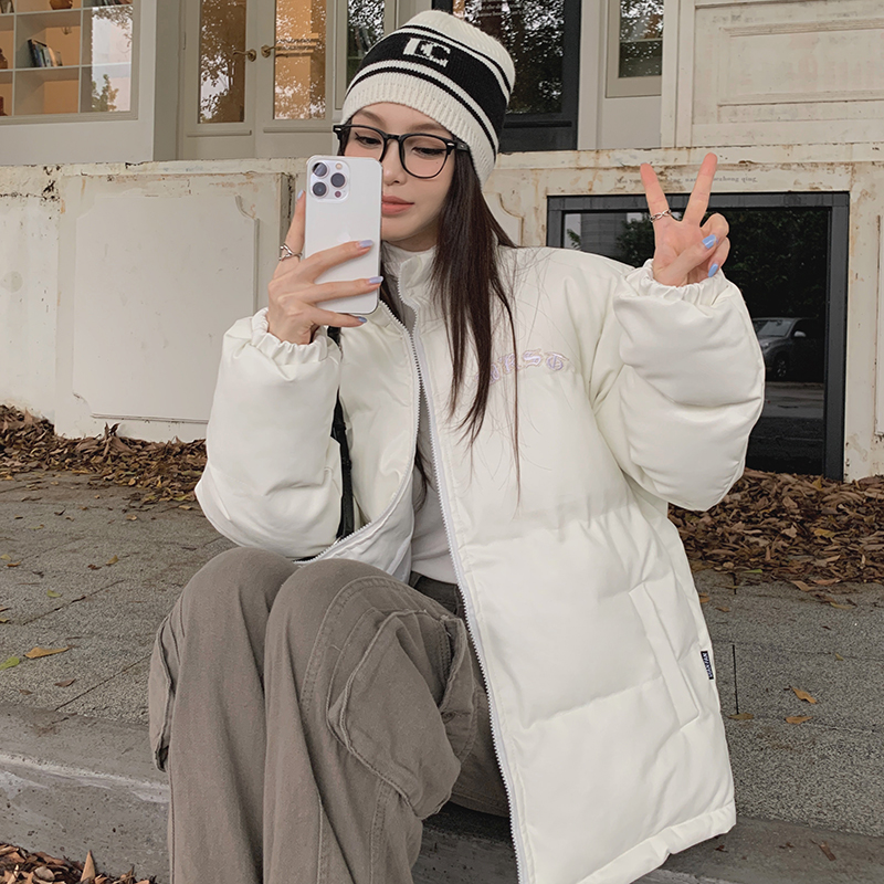 Actual shot~Stand-collar thickened cotton-padded jacket for women, winter trendy brand retro loose pu leather warm cotton-padded jacket