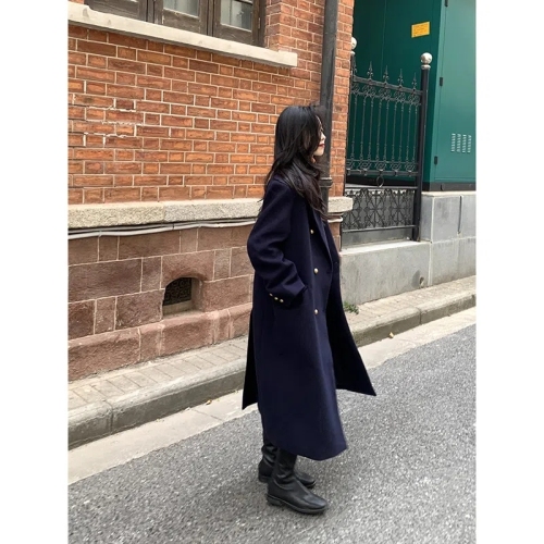 2023 autumn and winter new style navy blue high-end woolen coat double-breasted mid-length thickened woolen coat for women trendy