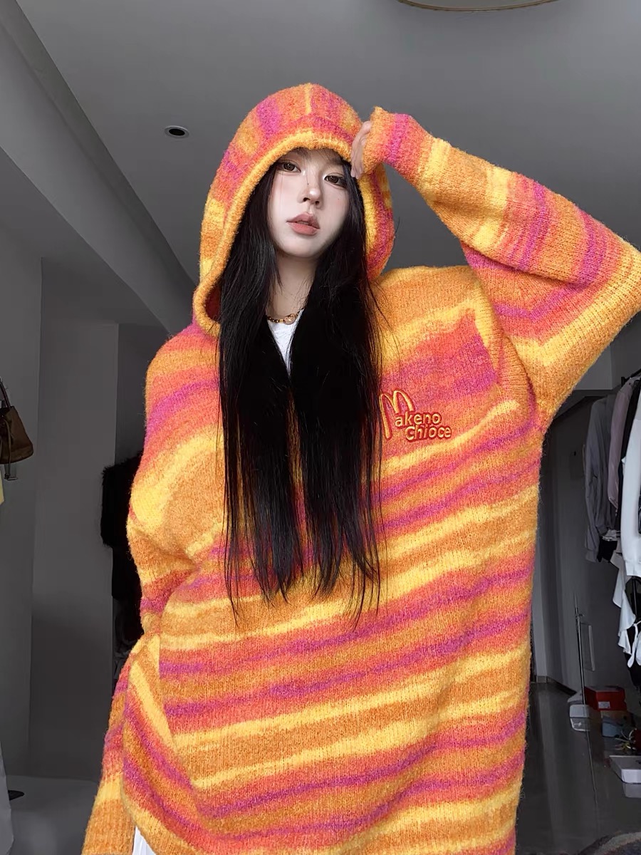BabyStudios 美式復古混色連帽毛衣女秋季條紋刺繡針織衫寬鬆上衣