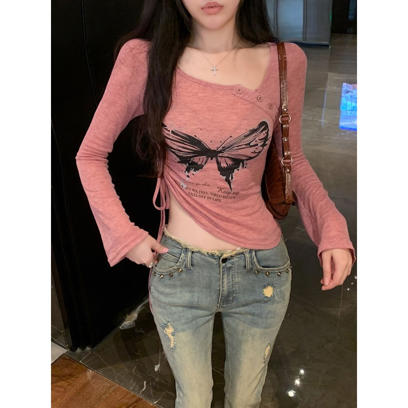 早秋獨特别致甜辣妹性感修身上衣設計感小眾印花打底衫女長袖t恤