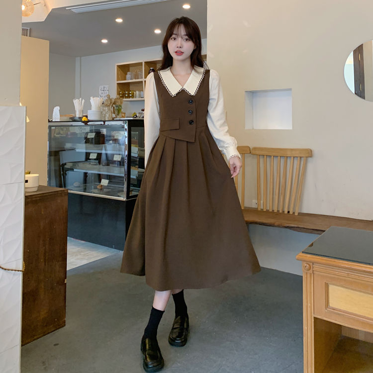 2023 New Autumn and Winter Retro Splicing Versatile Fake Two-piece Dress Autumn Long Skirt Slim Slim Long Skirt for Women