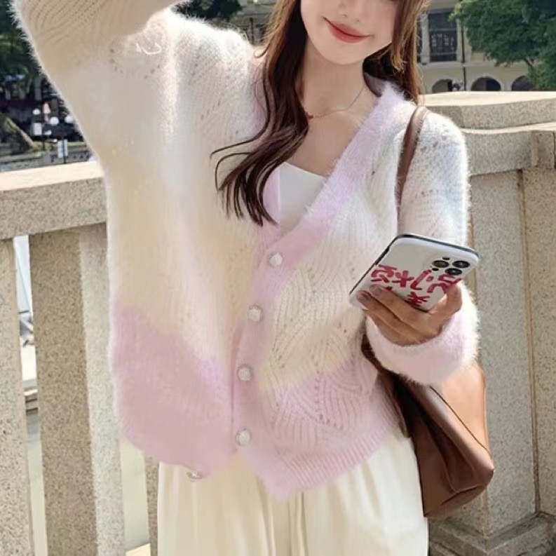 French hollow jacket for women, spring and autumn, Korean style, new style, gentle, Japanese style, lazy, retro, high-end, short knitted cardigan