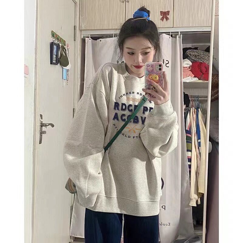 6535 fish scale plus velvet 250g David's round neck sweatshirt for women Korean style loose long-sleeved thin top