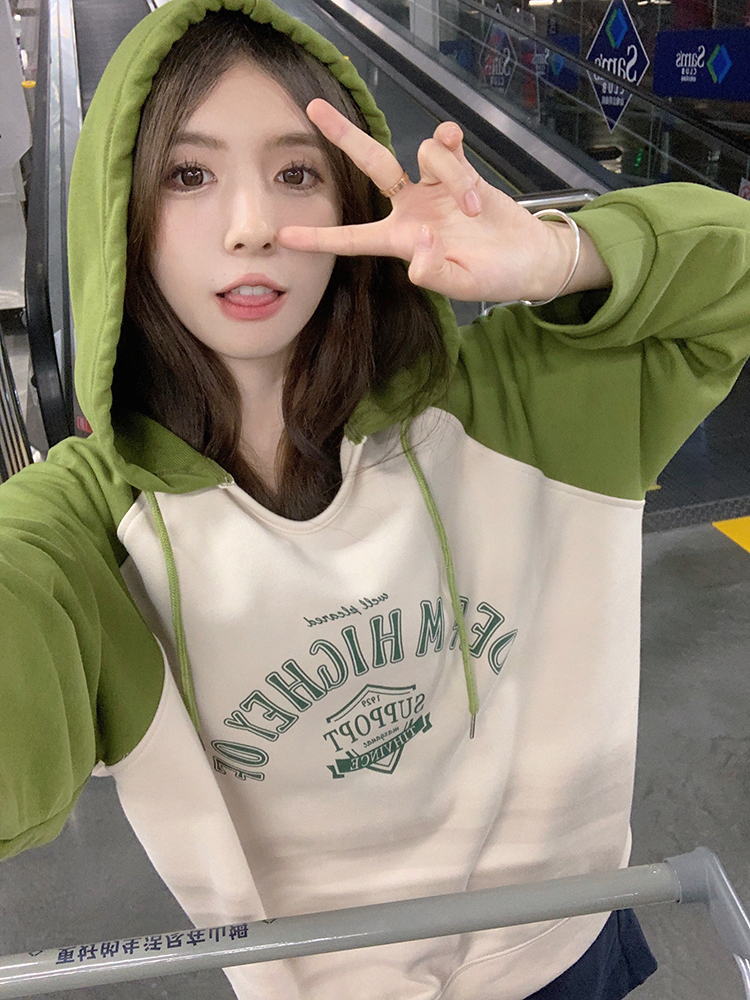 Big fish scale 260g 100% polyester thin sweatshirt women's hooded printed splicing back strip double hood