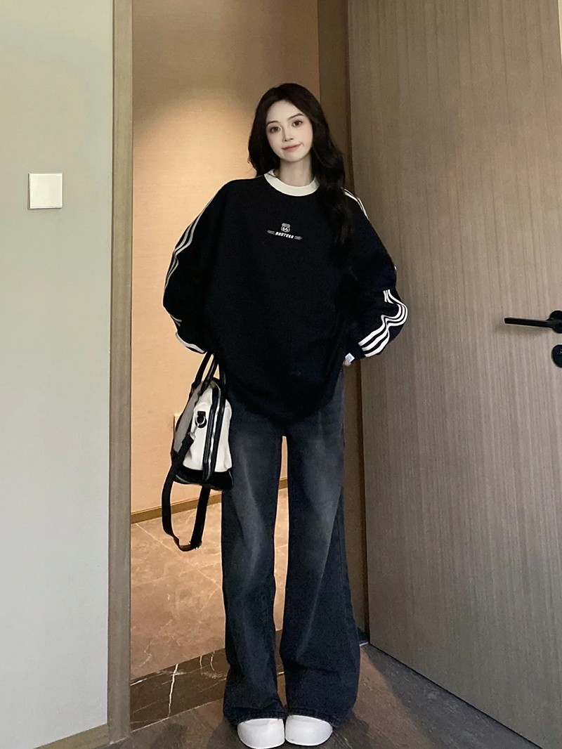 美式高街oversize牛仔褲女小個子春秋新款顯瘦寬鬆微喇闊腿褲