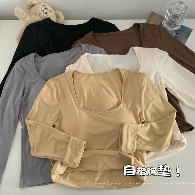 實拍 法式發熱U領長袖打底衫女秋冬內搭磨毛肌底保暖內衣上衣