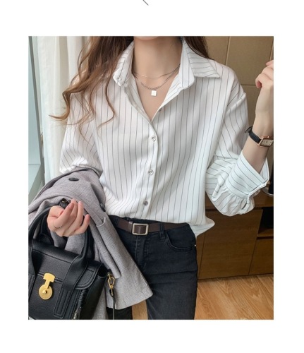 Spring Women's Uncommon Top Retro Hong Kong Style White Striped Shirt Design Sense Light Mature Layering Collar