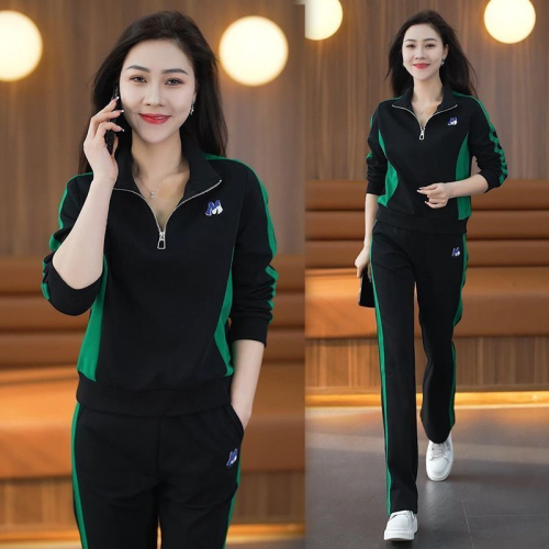 Casual sports suit for women  spring and autumn new Korean version stand collar loose slimming running suit two-piece set