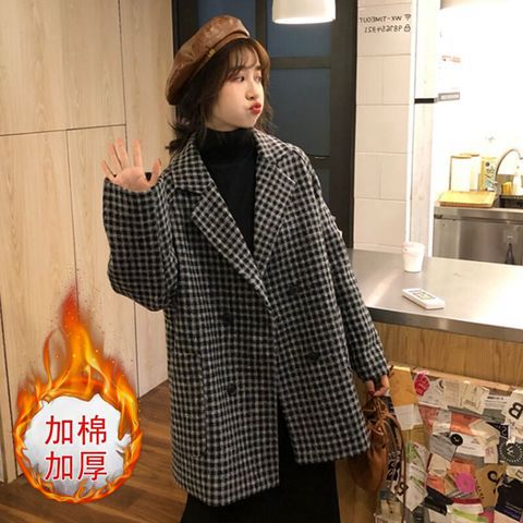 秋冬新款大碼女裝寬鬆夾棉格子西裝呢子大衣外套M-4XL200斤