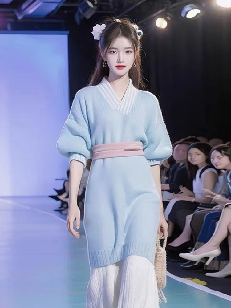 秋裝女2023年新款新中式國風女裝藍色軟糯針織毛衣連衣裙