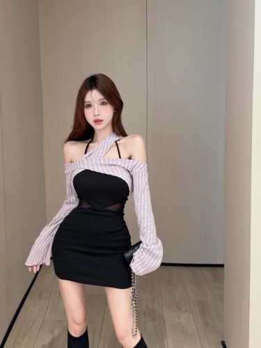 Real shot of sexy mesh dress for women, two-piece set with shawl and top