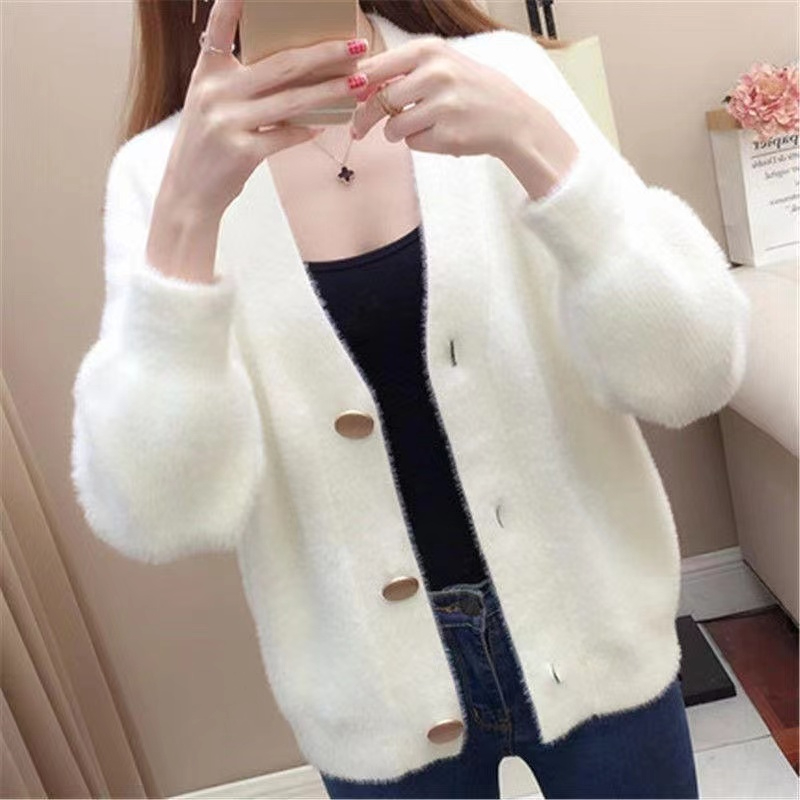 2023 Spring and Autumn New Korean Style Imitation Mink Velvet Knitted Cardigan Jacket Sweater Women's Short Loose Outer Top for Women