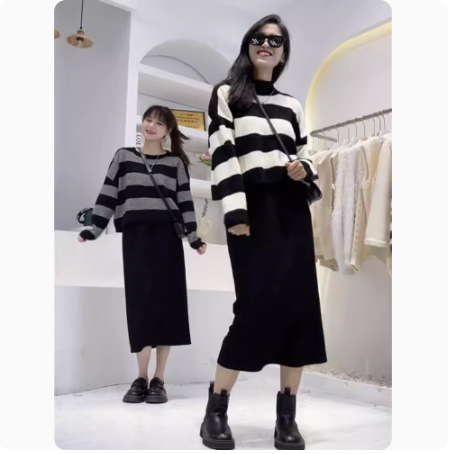 Striped sweater thickened sweater skirt suit women's 2023 autumn new casual loose slimming two-piece set